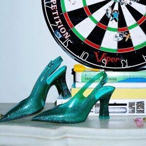 Melissa x Larroude collaboration jelly heel in Green Glitter